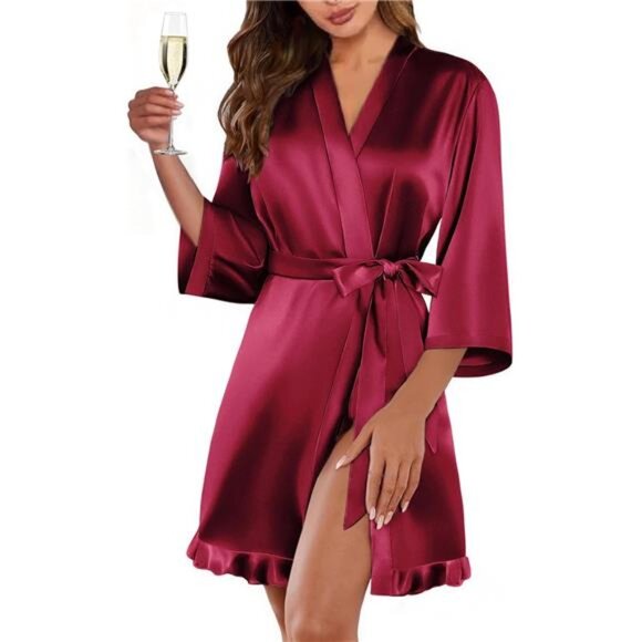 Other - Women’s Wine Red Satin Kimono Robe Short Silk Feel Bridal Robe with Ruffled Hem